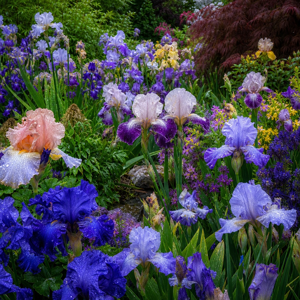 Lush garden of blooming irises and mixed flowers in spring colors