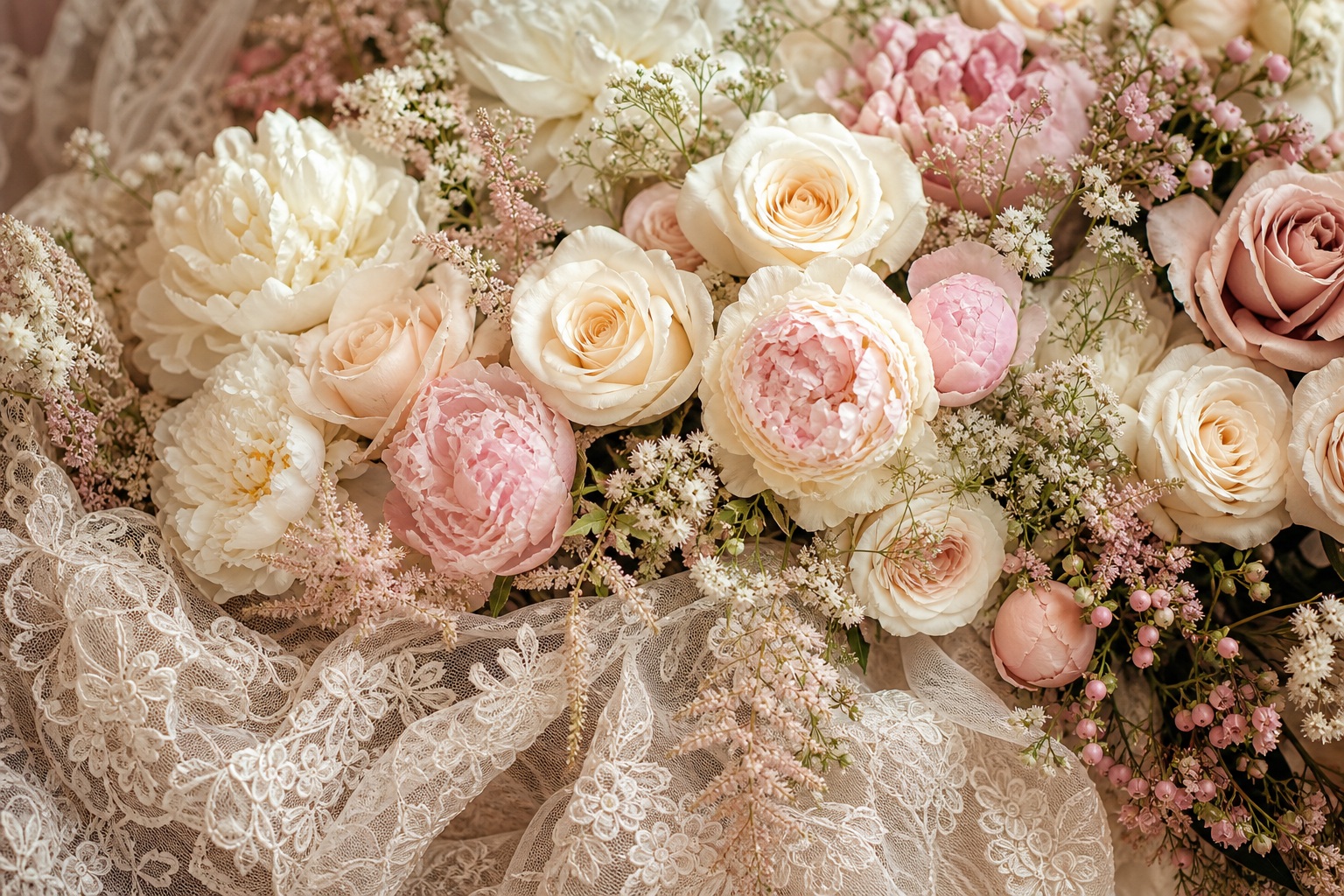 Pastel roses arranged on delicate lace fabric in a romantic wedding-style background