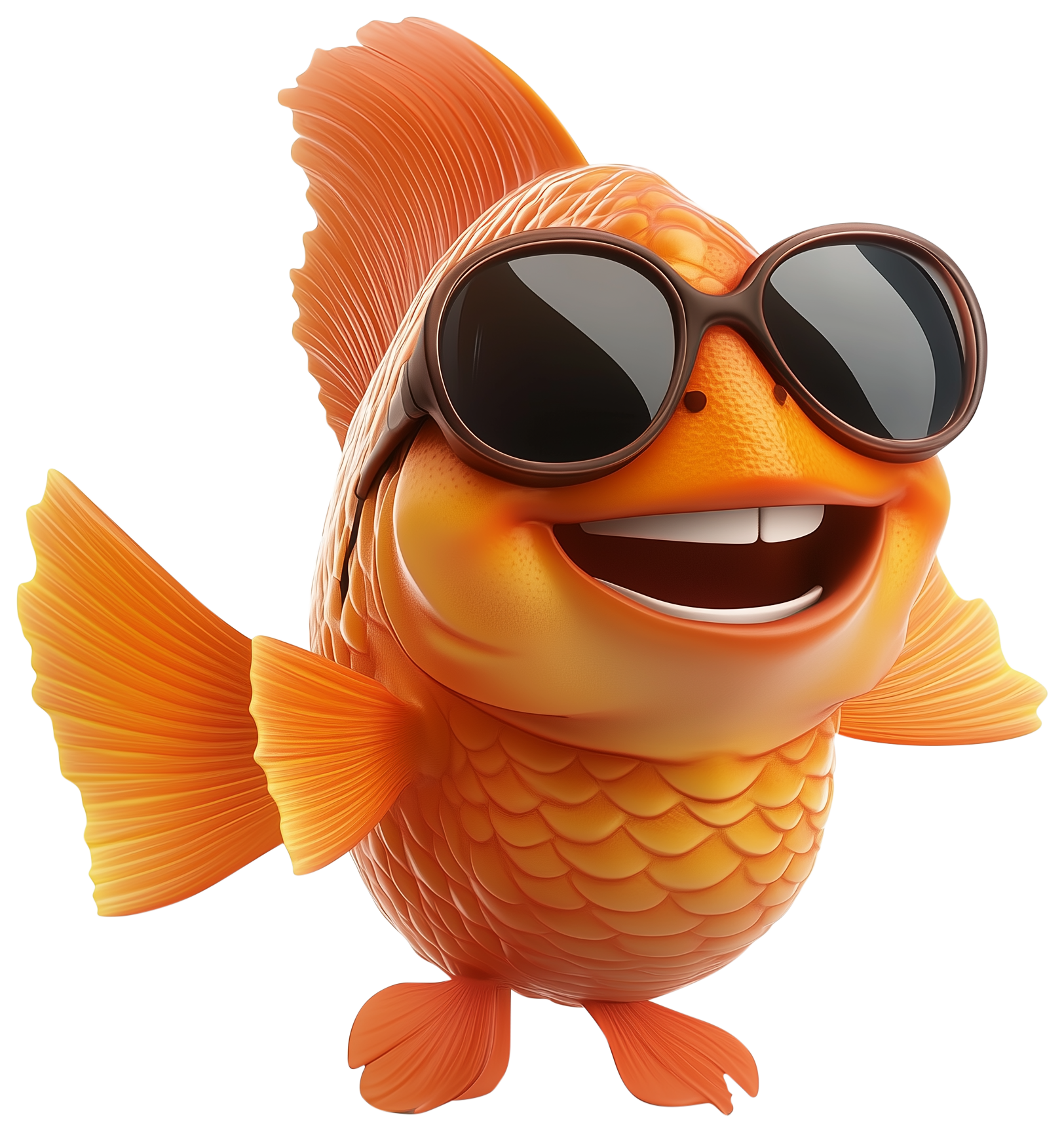 Orange cartoon goldfish wearing black sunglasses and smiling.