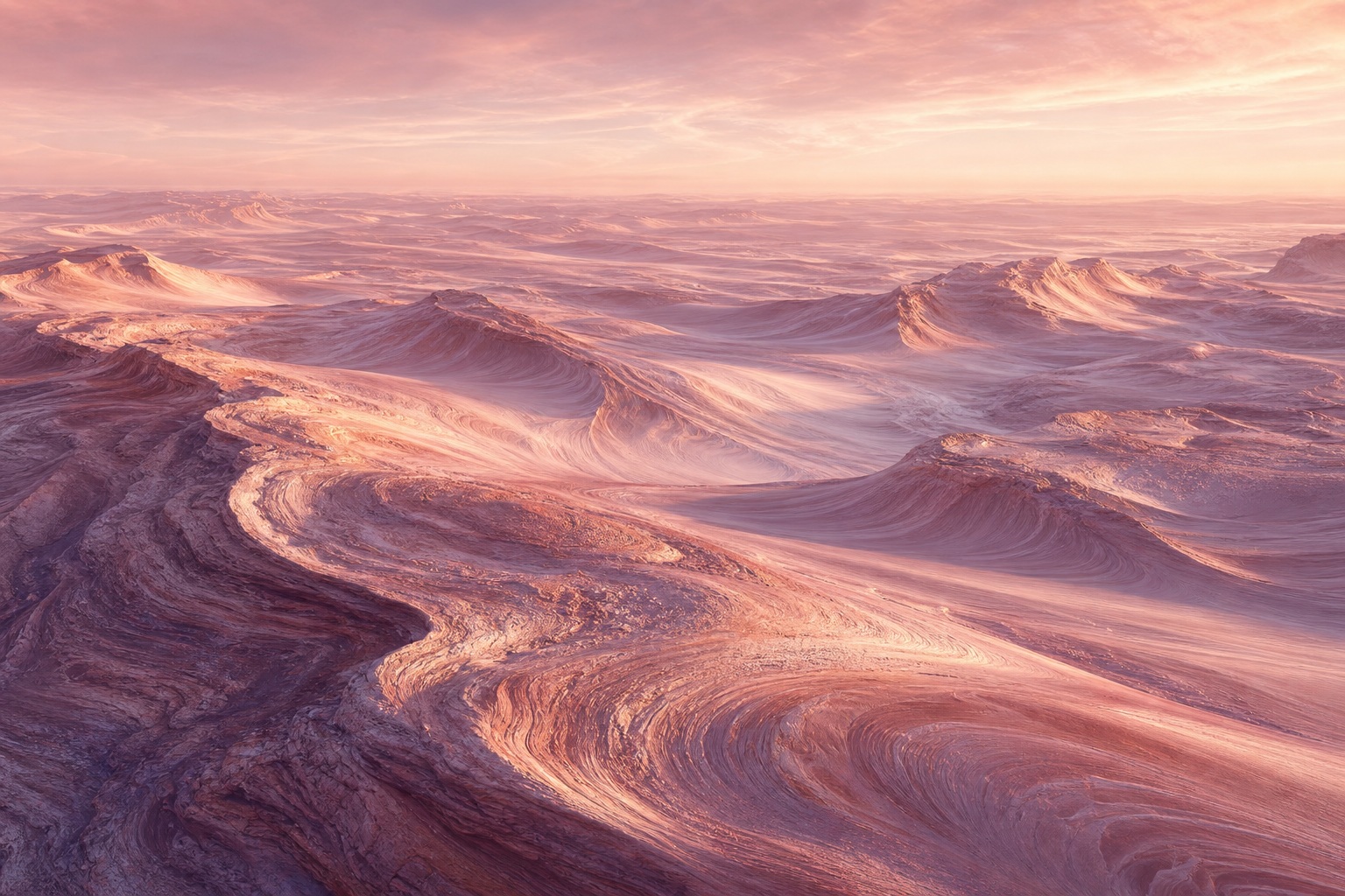 Rose gold light over wind-carved mineral dunes in a futuristic desert landscape.