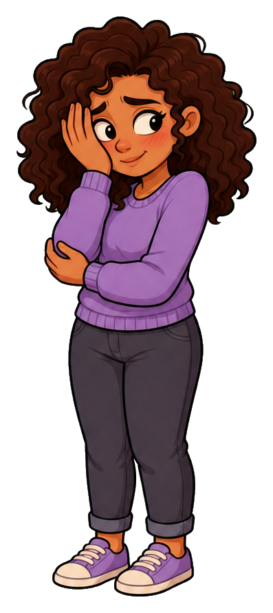 Embarrassed adult character with curly brown hair, purple sweater, and shy pose