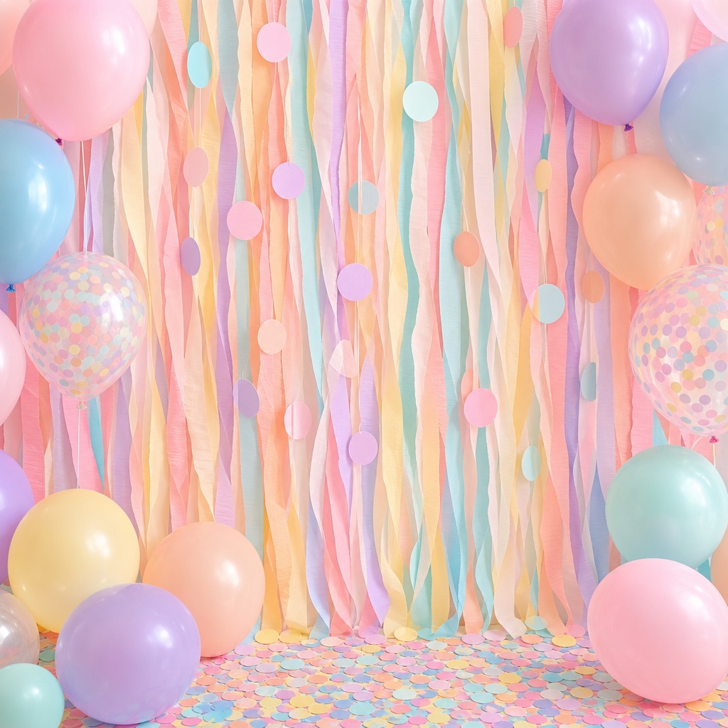 Pastel streamers with balloons and confetti on a colorful birthday background