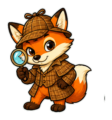 Cute detective fox holding a magnifying glass and wearing a detective hat.