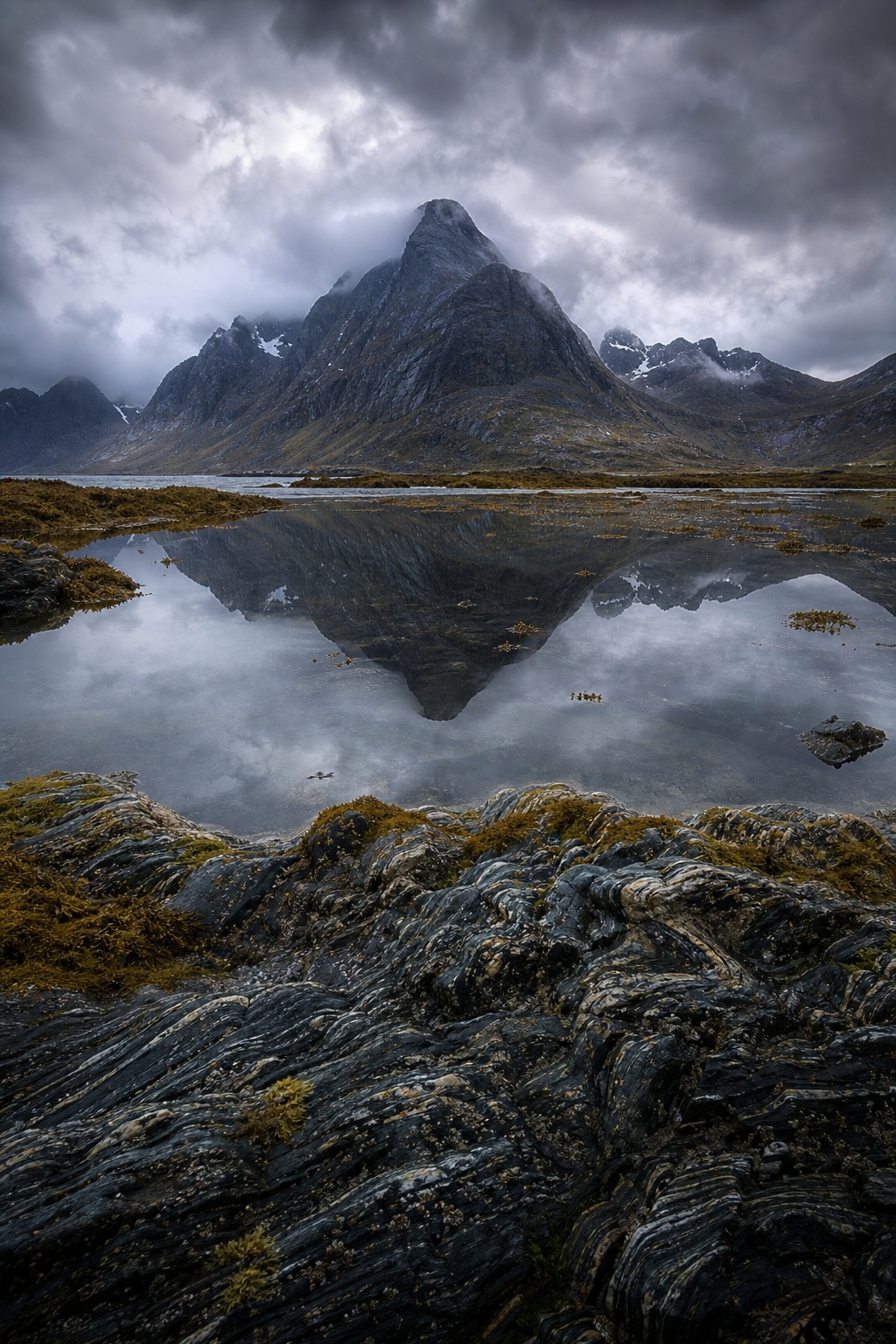 Dark mountain peak reflected in a calm lake beneath cloudy skies.