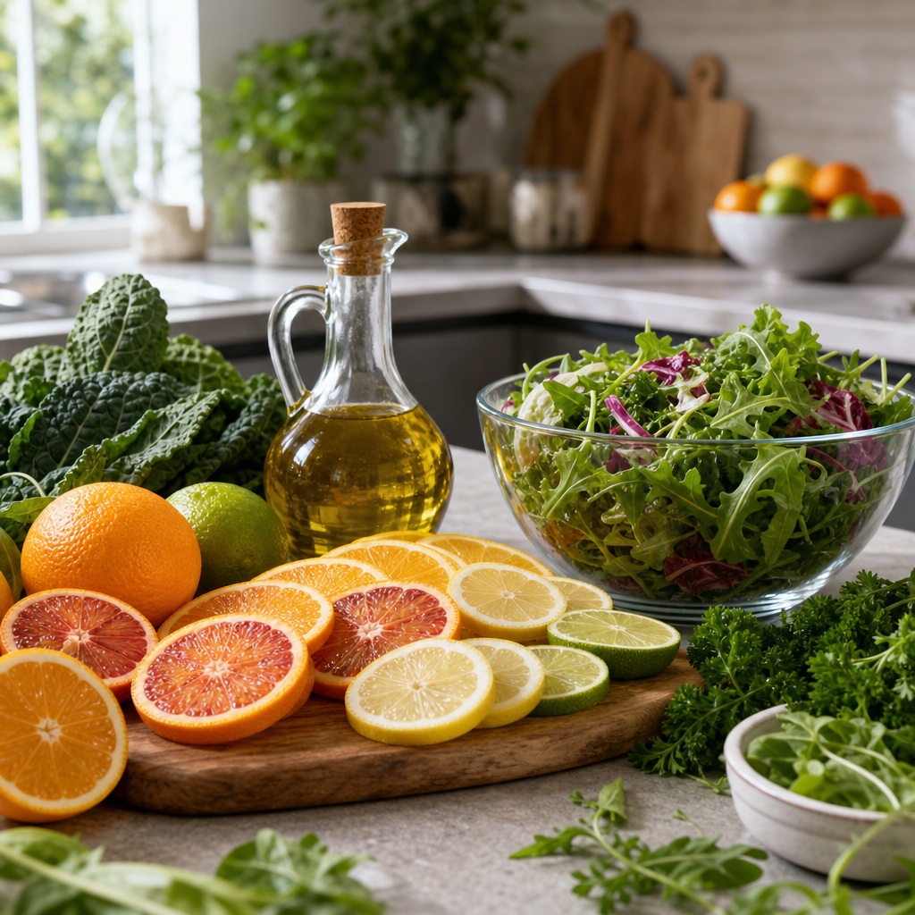 Fresh citrus, leafy greens, and salad ingredients arranged on a clean kitchen countertop.