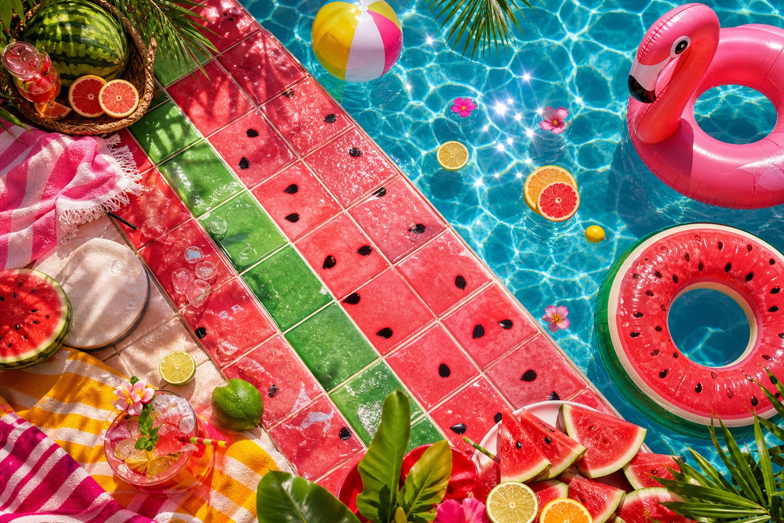 Colorful pool party scene with watermelon float, inflatable rings, and tropical summer accents