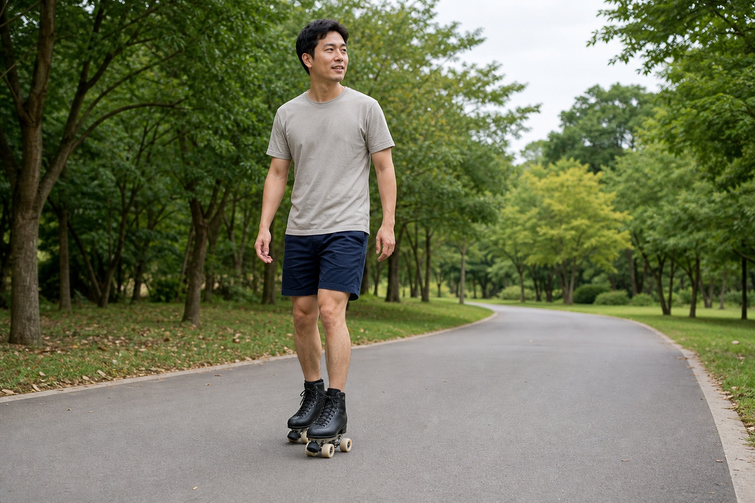 Person roller skating on a park path in a green park
