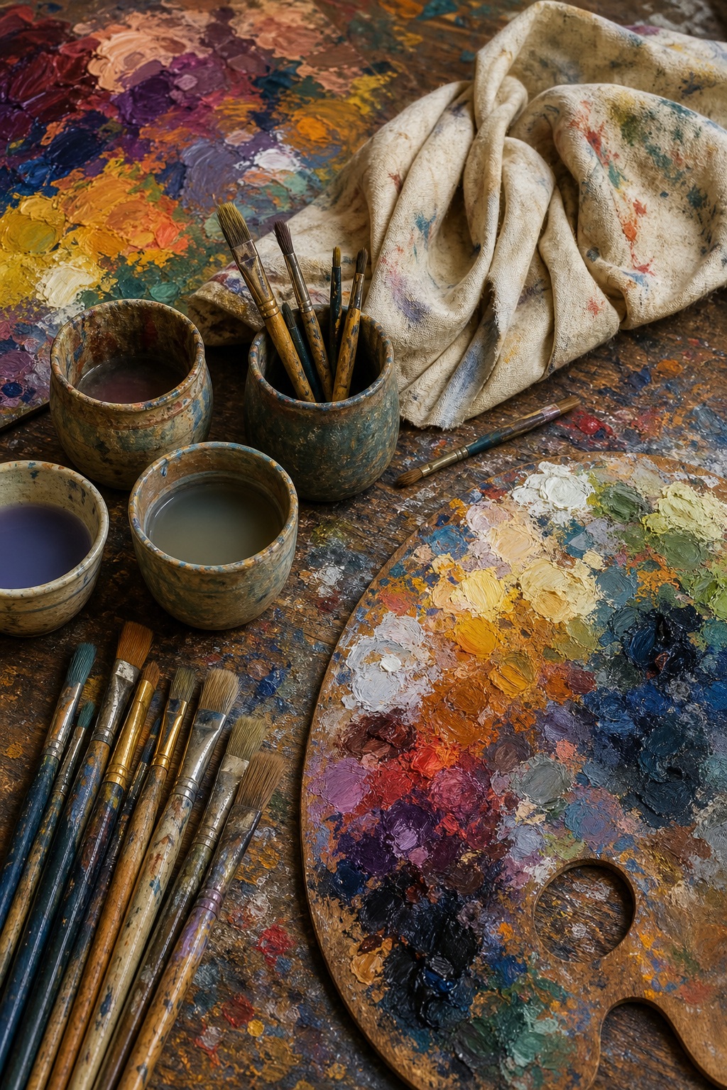 Paint brushes, cups, and a cloth resting on a colorful paint-splattered craft table.