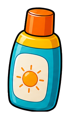 A blue sunscreen bottle with an orange cap and sun label icon