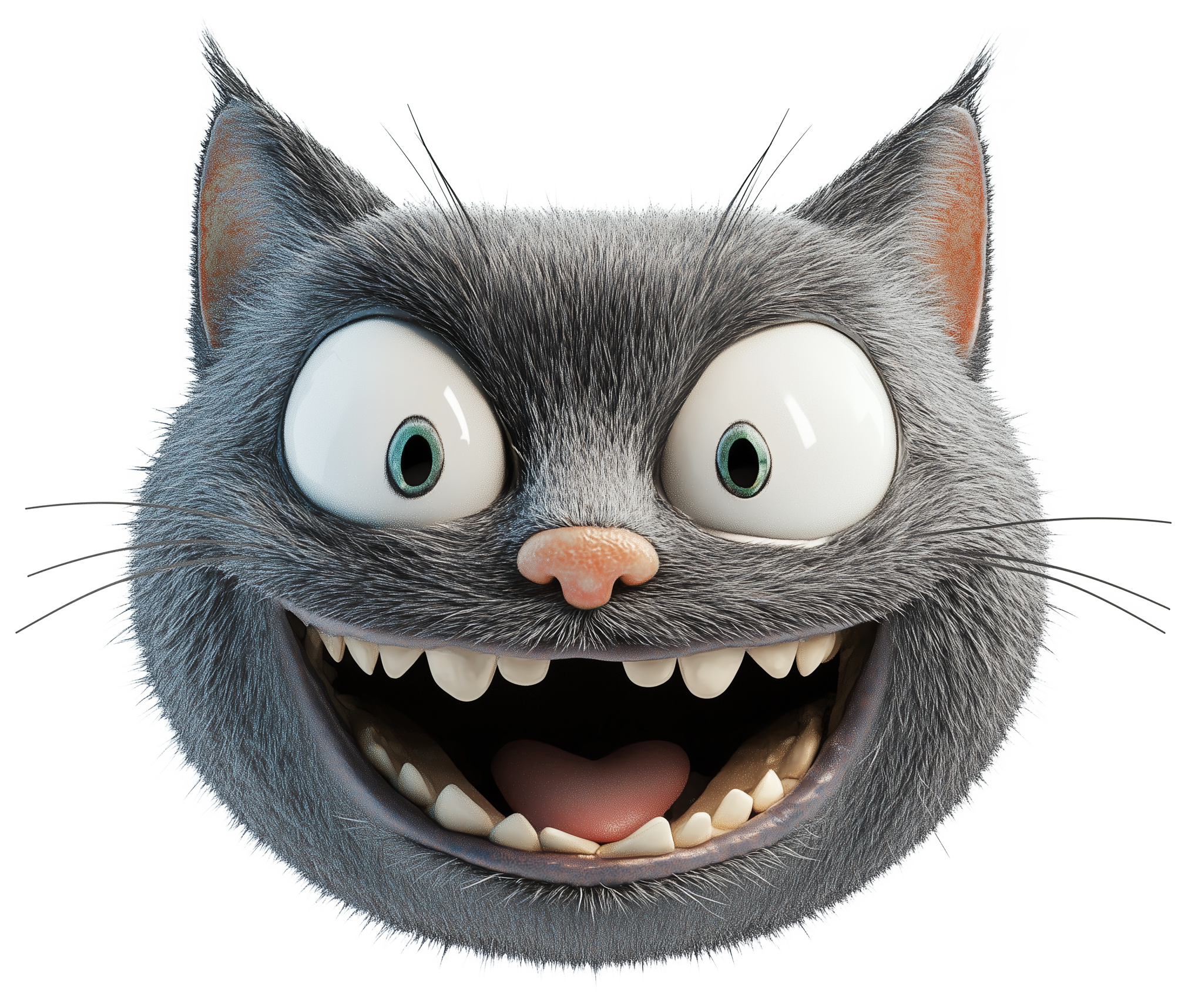 Grinning gray cartoon cat with wide eyes and open mouth