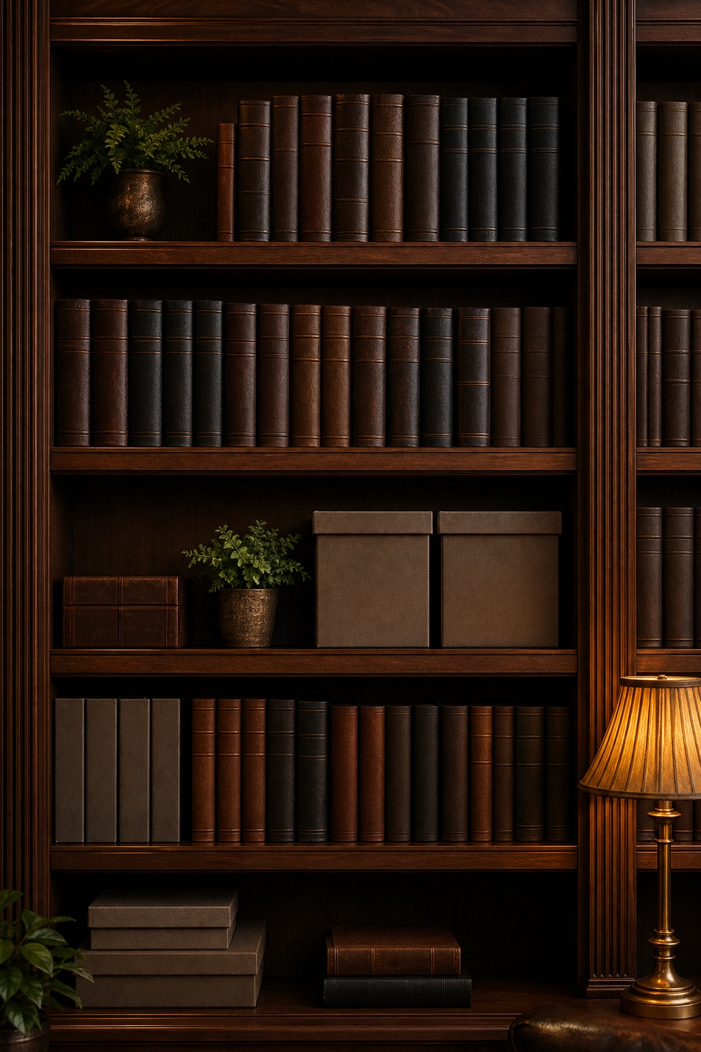 Dark wooden bookshelf with books, plants, boxes, and a lit table lamp in a law office