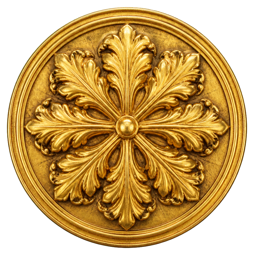 Ornate gold coin with a raised acanthus floral relief design