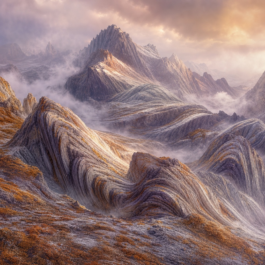 Cinematic futuristic mountains with folded stone ridges glowing in amber twilight.