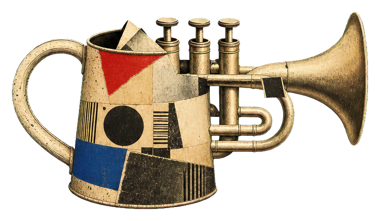 Vintage collage-style watering can with a trumpet spout and geometric cutout design