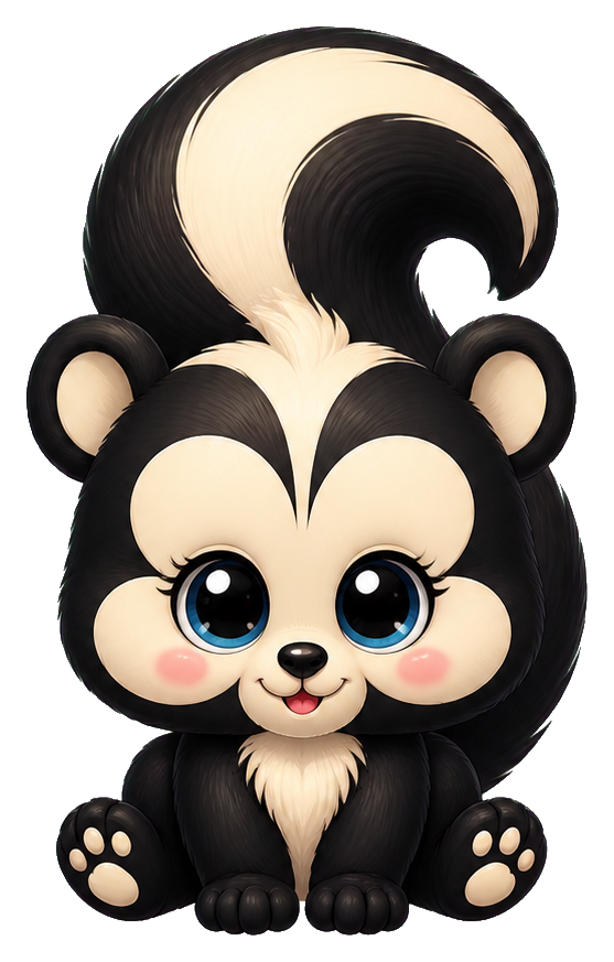 Cute cartoon skunk with big blue eyes, black fur, and cream face and tail markings.