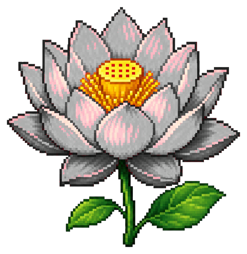 Pixel art lotus flower with pink petals, yellow center, and green leaves