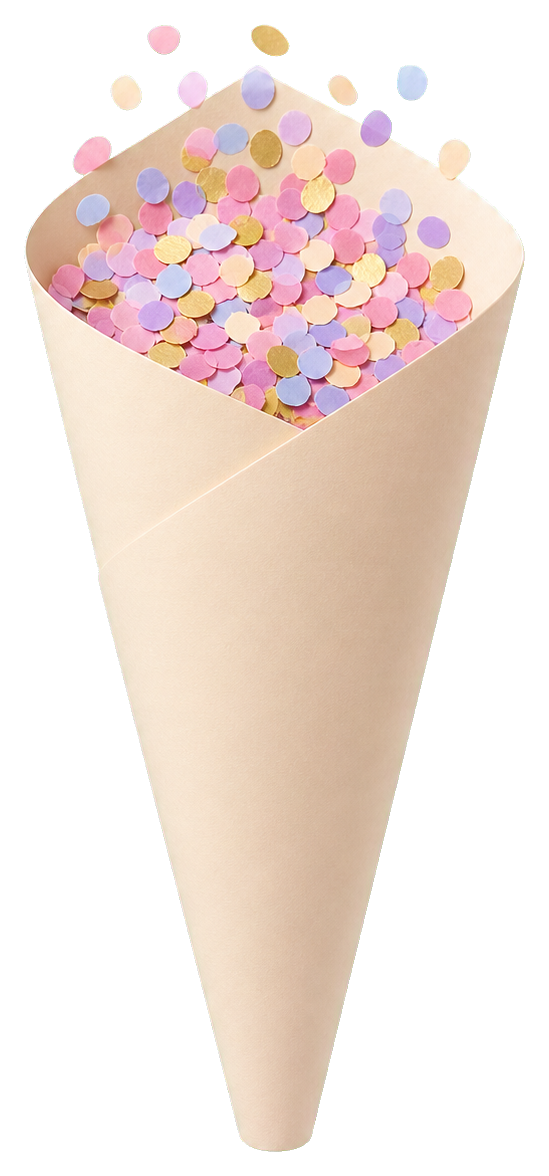 A cone-shaped wedding confetti sticker filled with colorful round confetti pieces