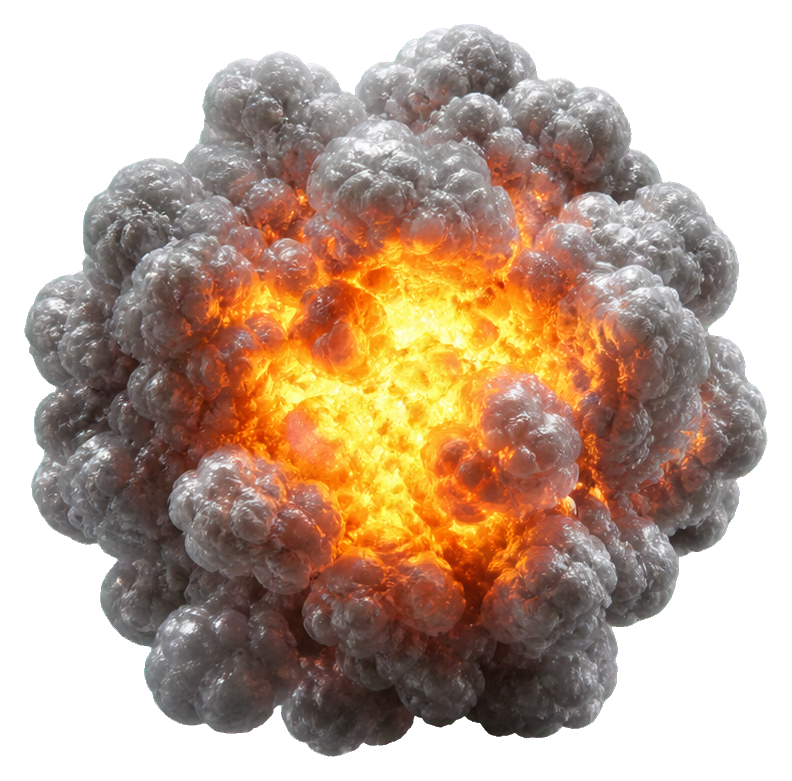 Realistic explosion with bright orange center and thick silver gray smoke clouds