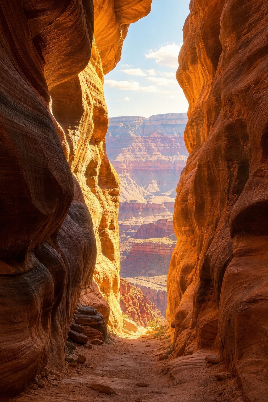 Vertical view through narrow sandstone canyon walls with sunlight illuminating the desert passage.