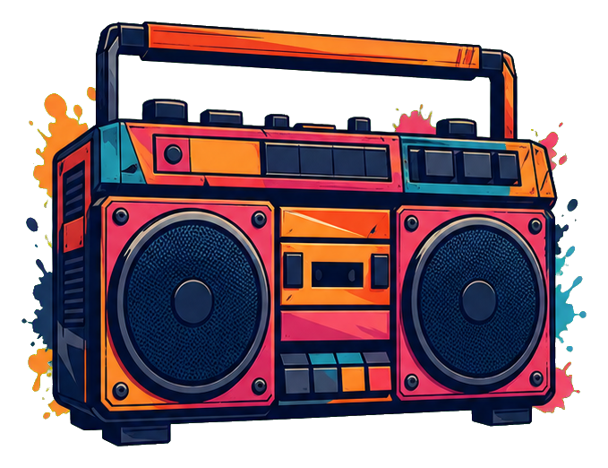 Colorful colorblock boombox with large speakers and bold hip hop styling