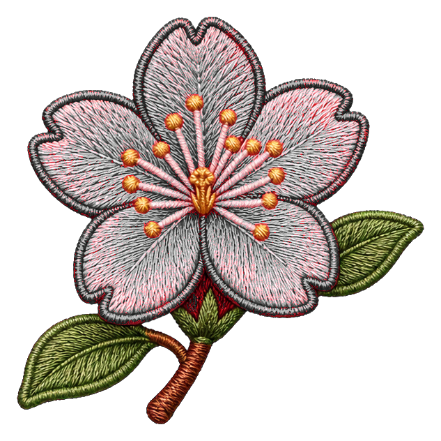Pink cherry blossom embroidered patch with green leaves and brown stem