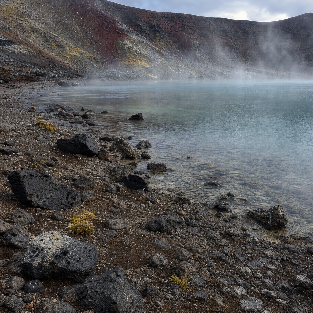 Rocky volcanic shoreline beside a calm caldera lake with thin mist drifting across the water
