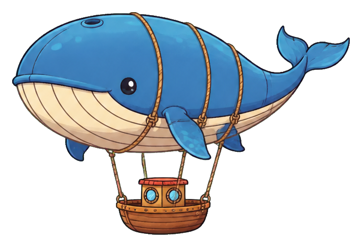 Blue whale shaped like a blimp with a small hanging basket.