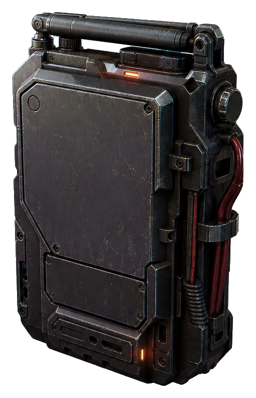 Dark sci-fi radio transmitter with cables, panels, and glowing orange lights