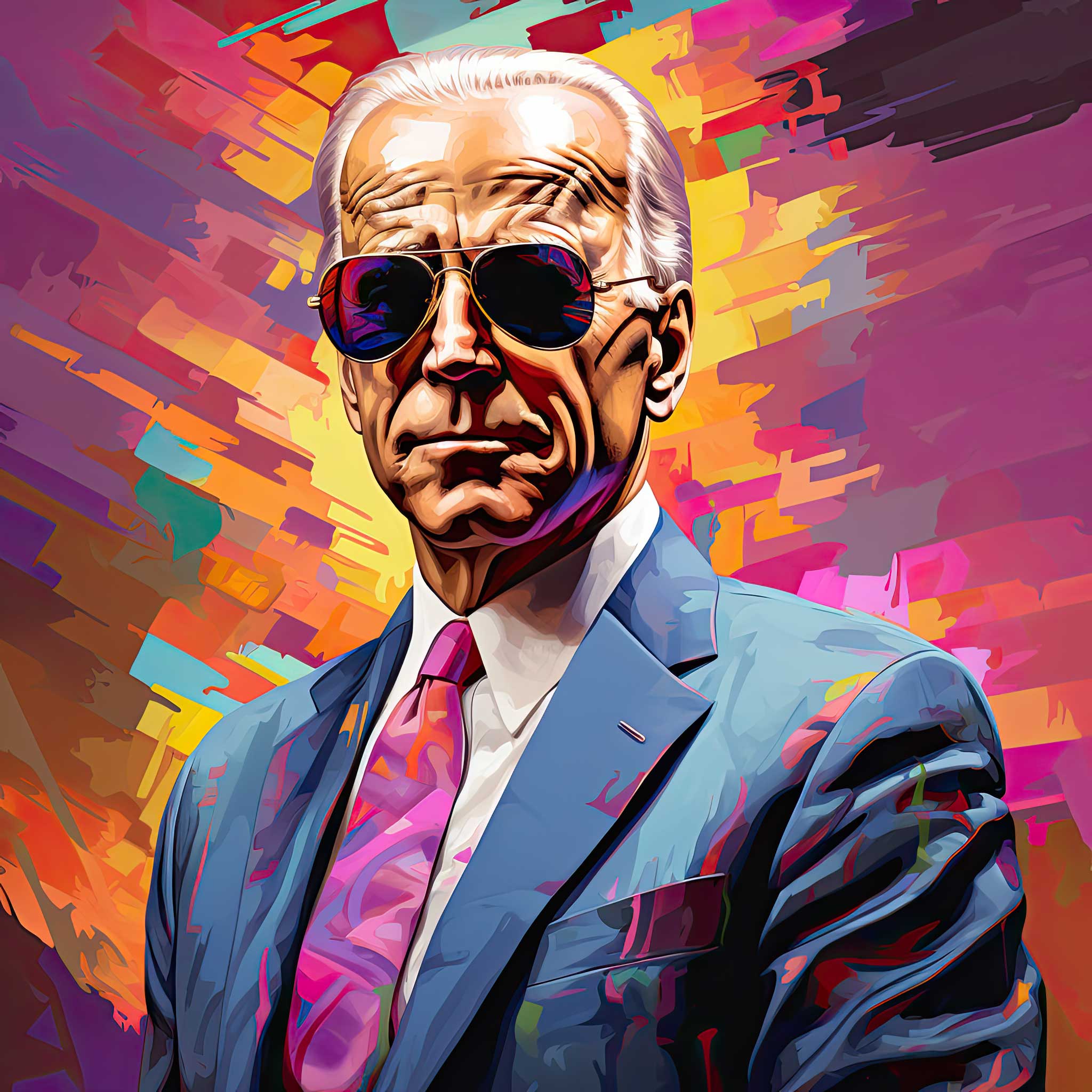 Stylized older man in sunglasses and suit against a colorful abstract painted background.