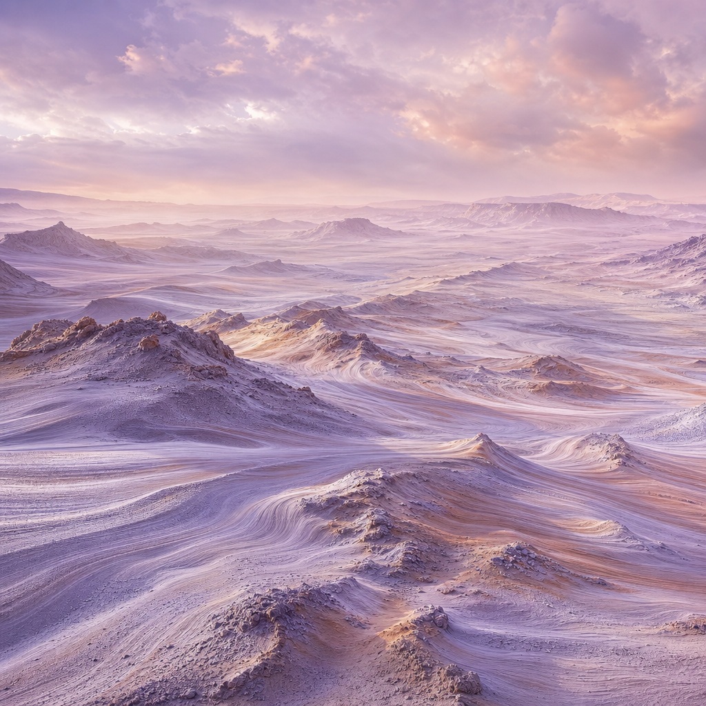 Lavender desert dunes with misty ridges and a soft pastel sky