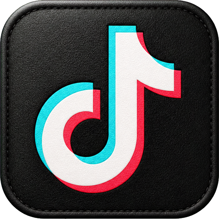 Black leather-style rounded square sticker with a TikTok app icon centered on it