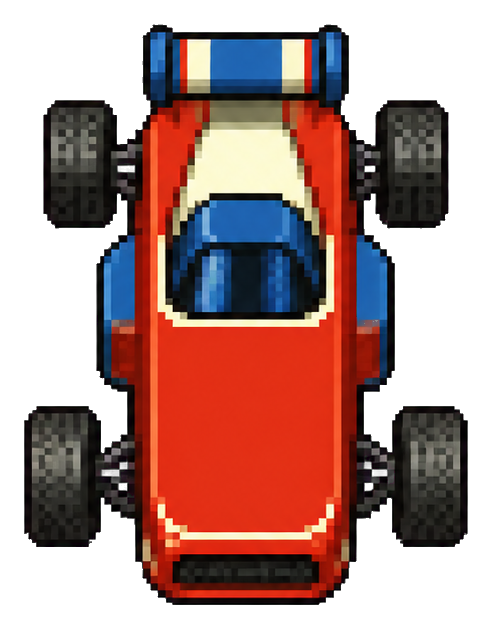 Top-down red pixel racing car with chunky wheels in retro pixel art style.
