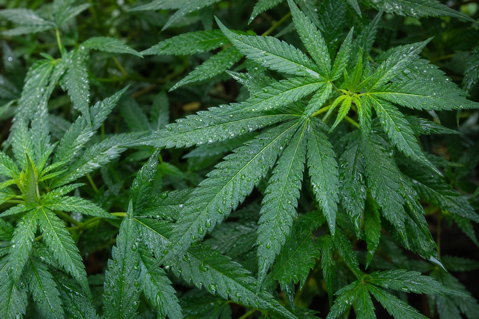 Green cannabis leaves covered with rain droplets in a dense botanical close-up.
