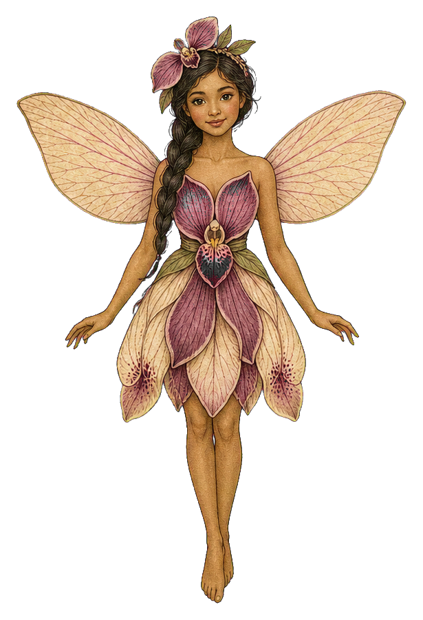 A hovering fairy with orchid petal dress, delicate wings, and floral details.