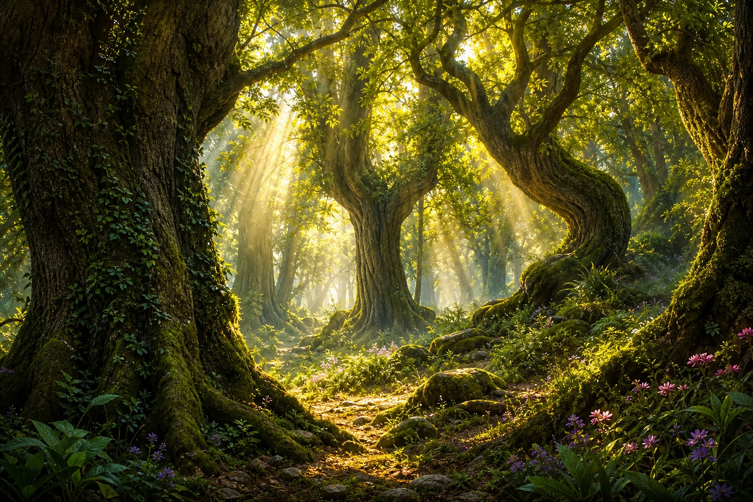 Sunlit enchanted forest with ancient trees, mossy ground, and glowing green pathway