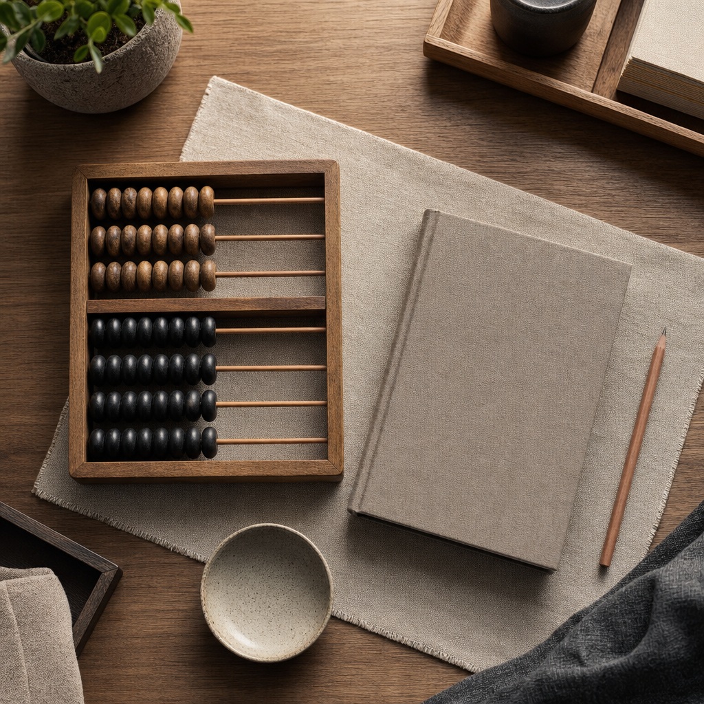 Abacus, notebook, coffee cup, and stationery arranged on a wooden desk.