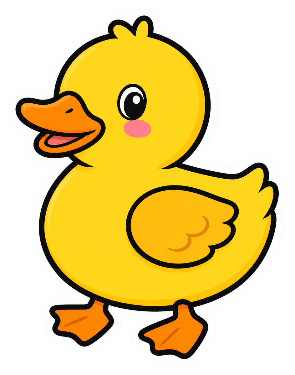 Cute yellow cartoon duck sticker with orange beak and feet