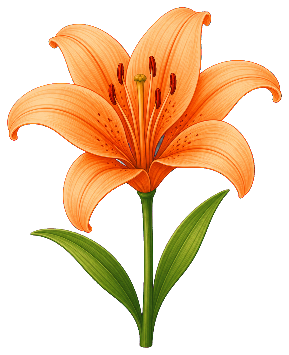 Peach lily flower with orange petals and a green stem and leaves