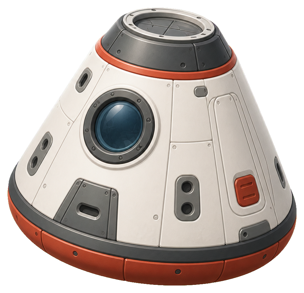 White space capsule with a round blue window and orange base