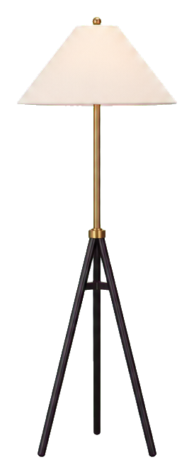 A realistic floor lamp with a light shade and three slender legs.