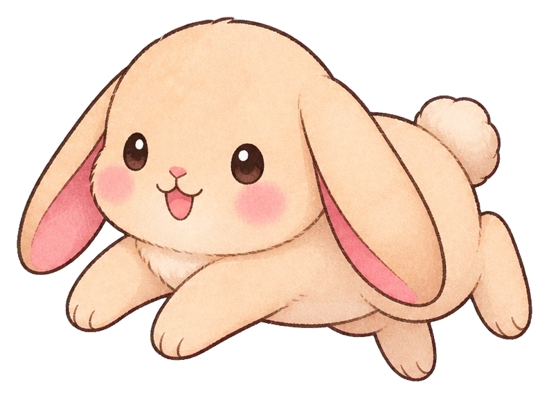 Cute pastel bunny lying down with pink ears and a smiling face