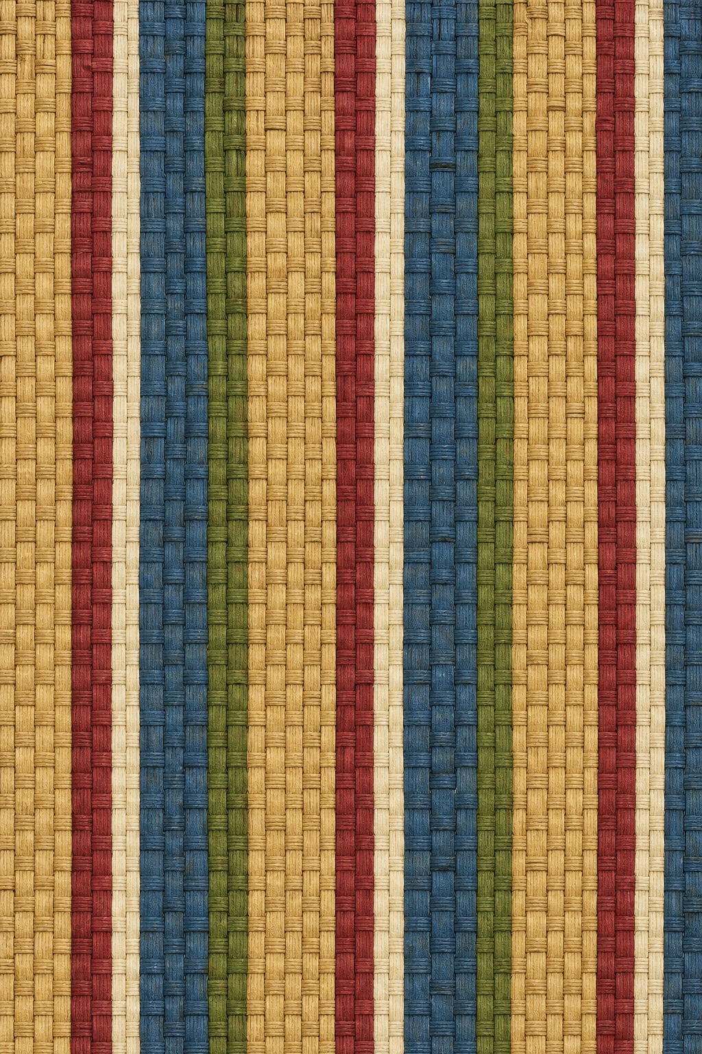 Vertical woven stripes in muted red, blue, green, tan, and cream tones.