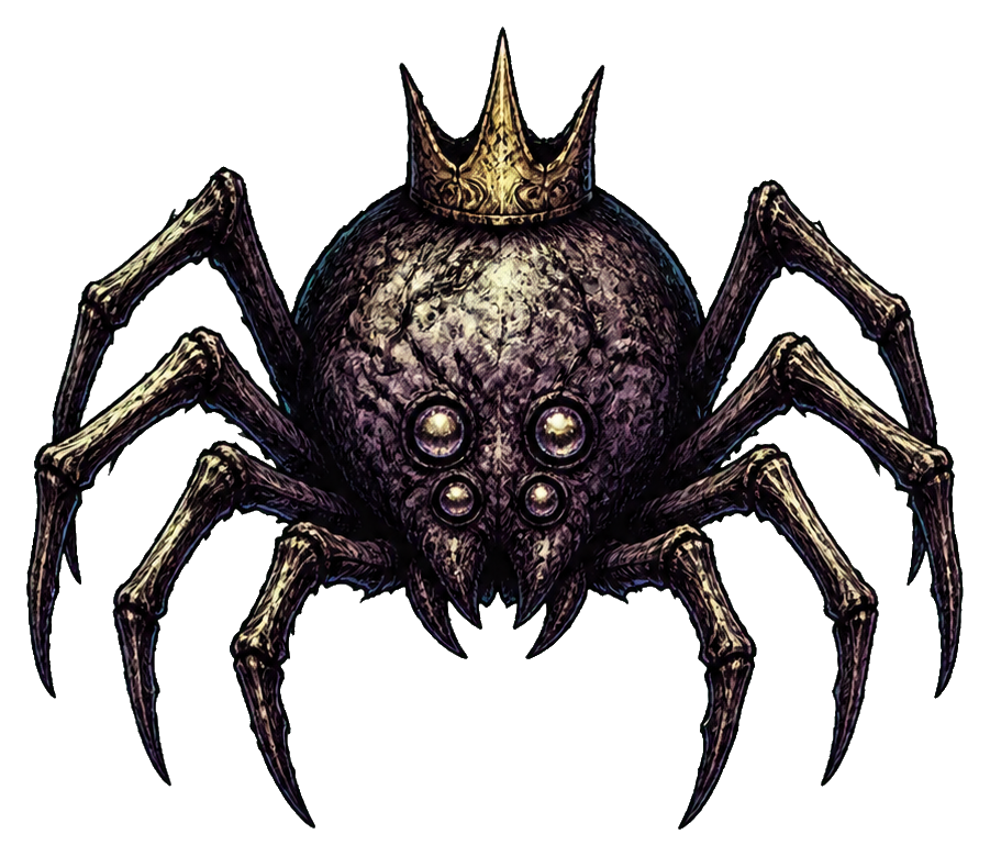 A spider-bodied monster with a crown and multiple eyes on a dark background.