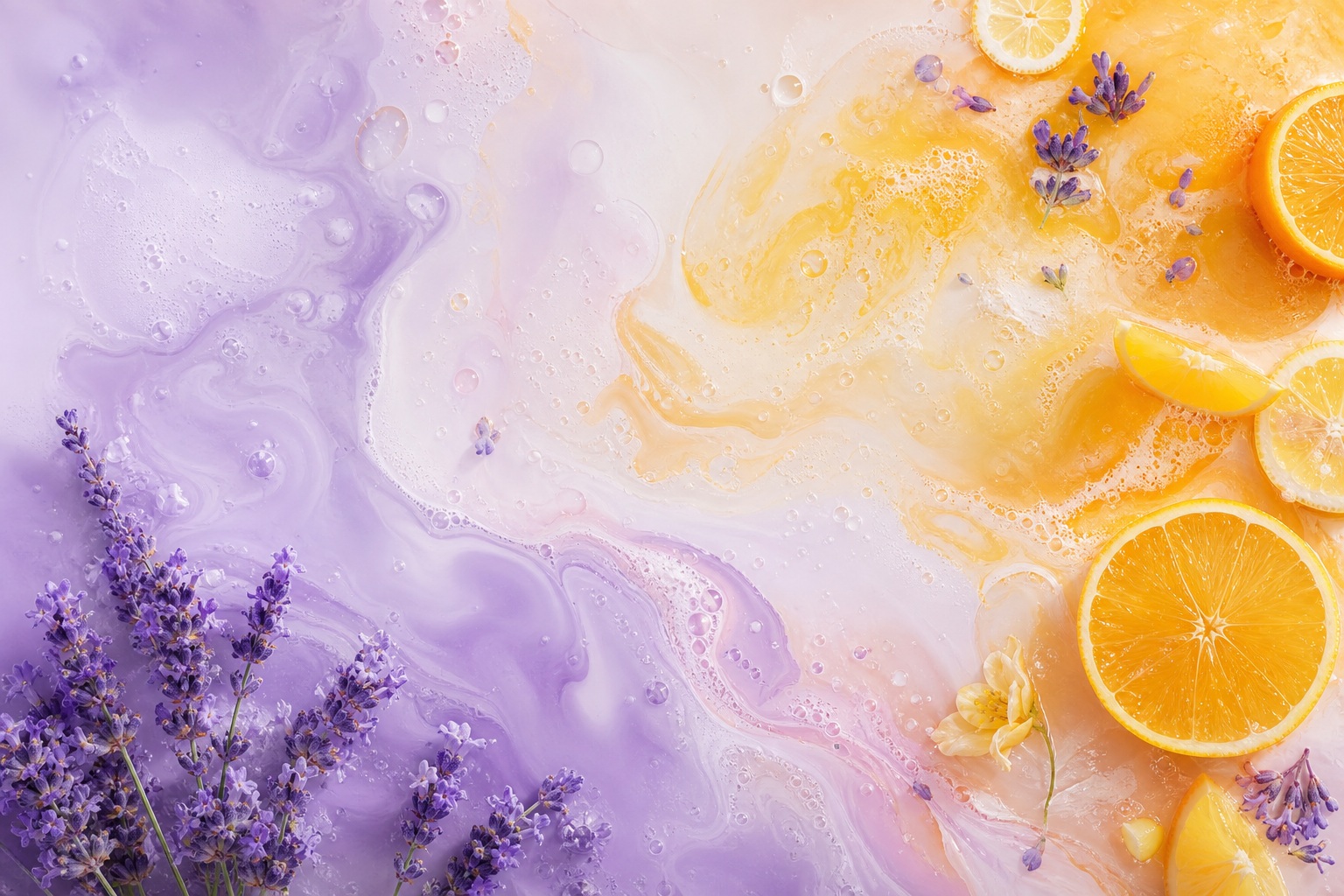 Lavender and yellow abstract gradient with sliced citrus and flowers at the edges
