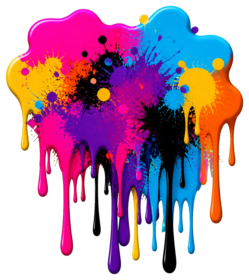 Colorful abstract paint blob with dripping edges and splattered spray paint.