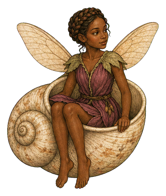 A seated fairy with wings resting on a large spiral snail shell.