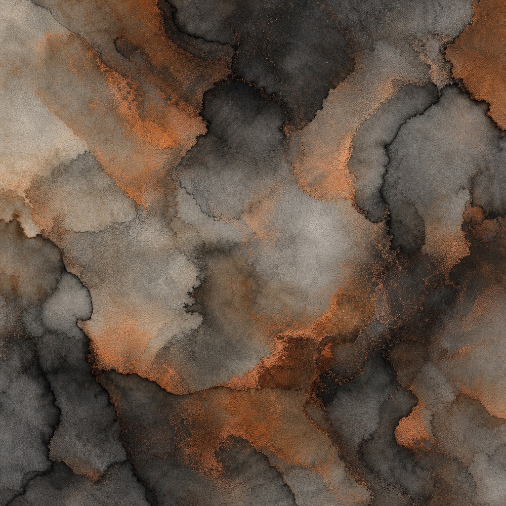 Abstract charcoal and rust ink wash texture with soft tide marks and dark veining