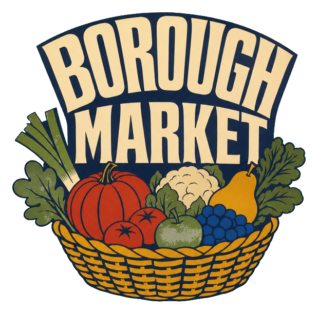 Retro Borough Market text above a basket of vegetables and fruit illustration