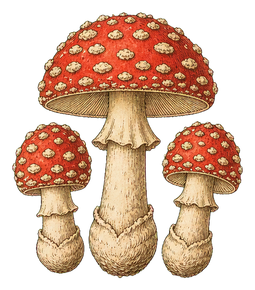 Three vintage Amanita muscaria mushrooms with red spotted caps and pale stems
