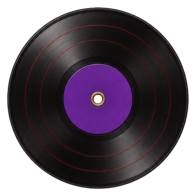 Black vinyl record with a purple center label and thin red rings